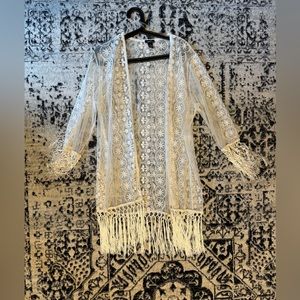 Cream shaw or coverup with fringe detail- medium